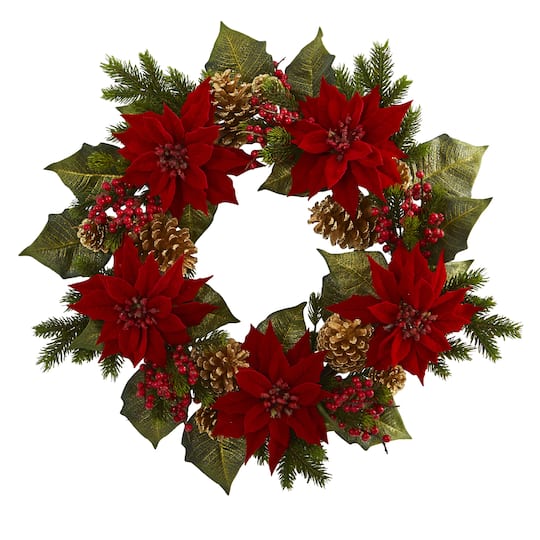 24&#x22; Poinsettia, Berry and Golden Pinecone Artificial Wreath